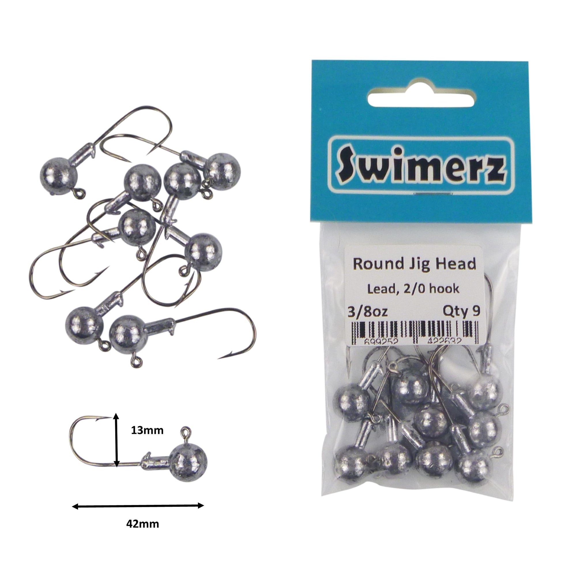 Swimerz Round Jig Head lead jig heads, 2/0 hooks, 3/8oz, 9-pack in blister