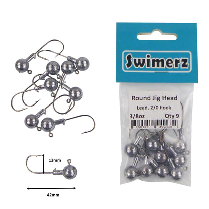 Swimerz Round Jig Head lead jig heads, 2/0 hooks, 3/8oz, 9-pack in blister