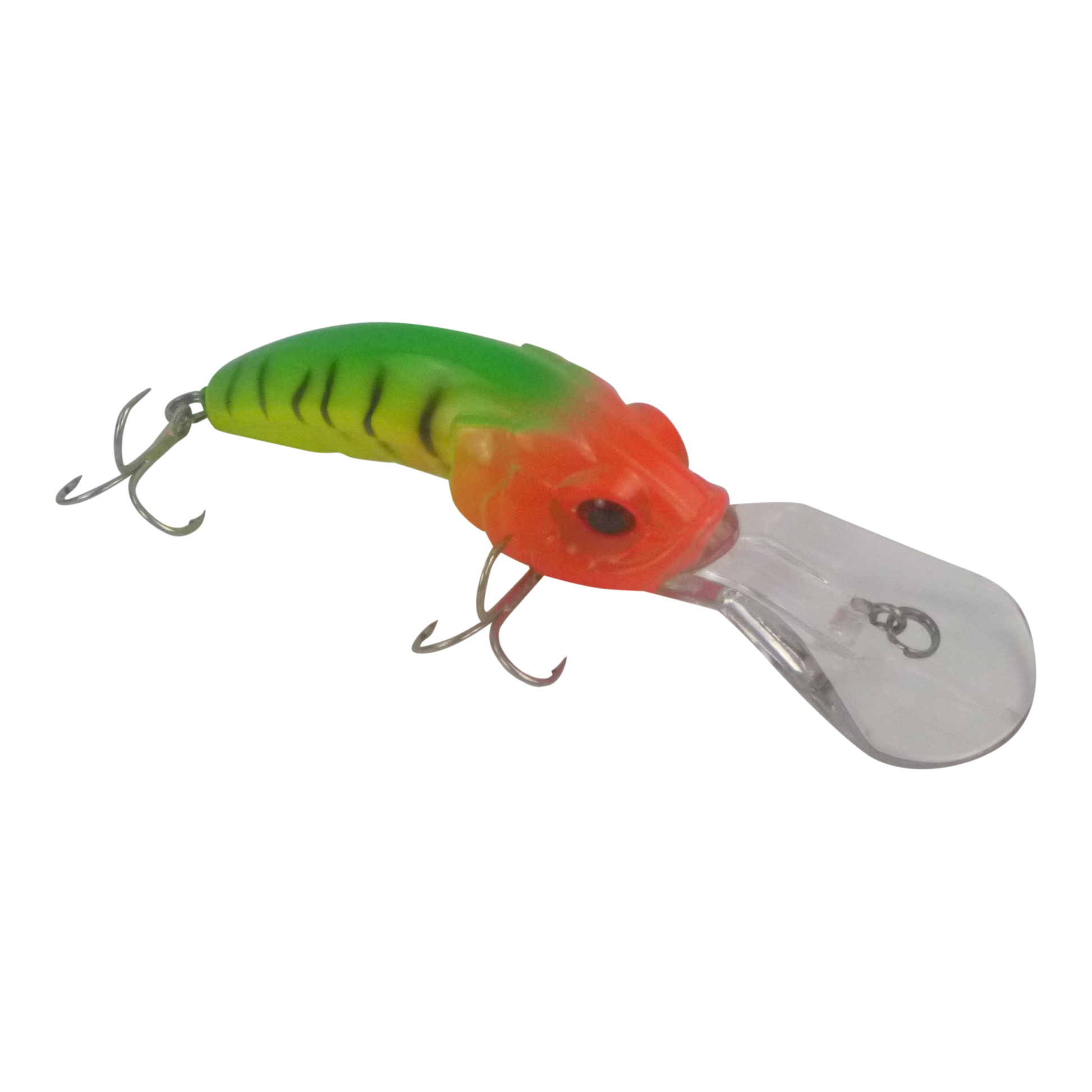 Finesse hard body deep diver fishing lure, green back, orange head, clear belly, treble hooks