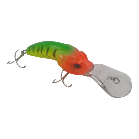Finesse hard body deep diver fishing lure, green back, orange head, clear belly, treble hooks