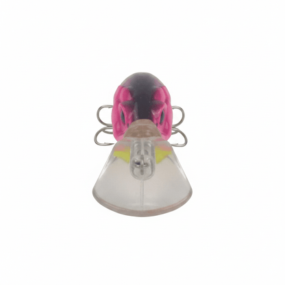 Purple and pink deep-diver lure front view with metal lip and treble hooks
