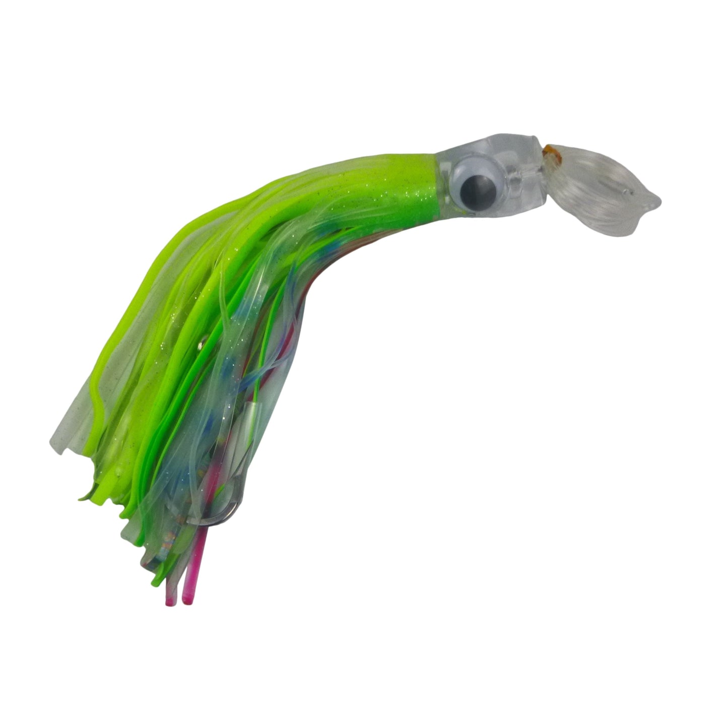 Skirted trolling lure with bright lime green translucent skirt, clear jig head and hook