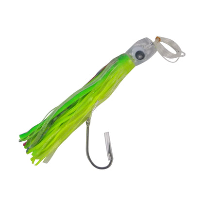 Skirted trolling lure with bright green skirt, clear jig head and silver single hook
