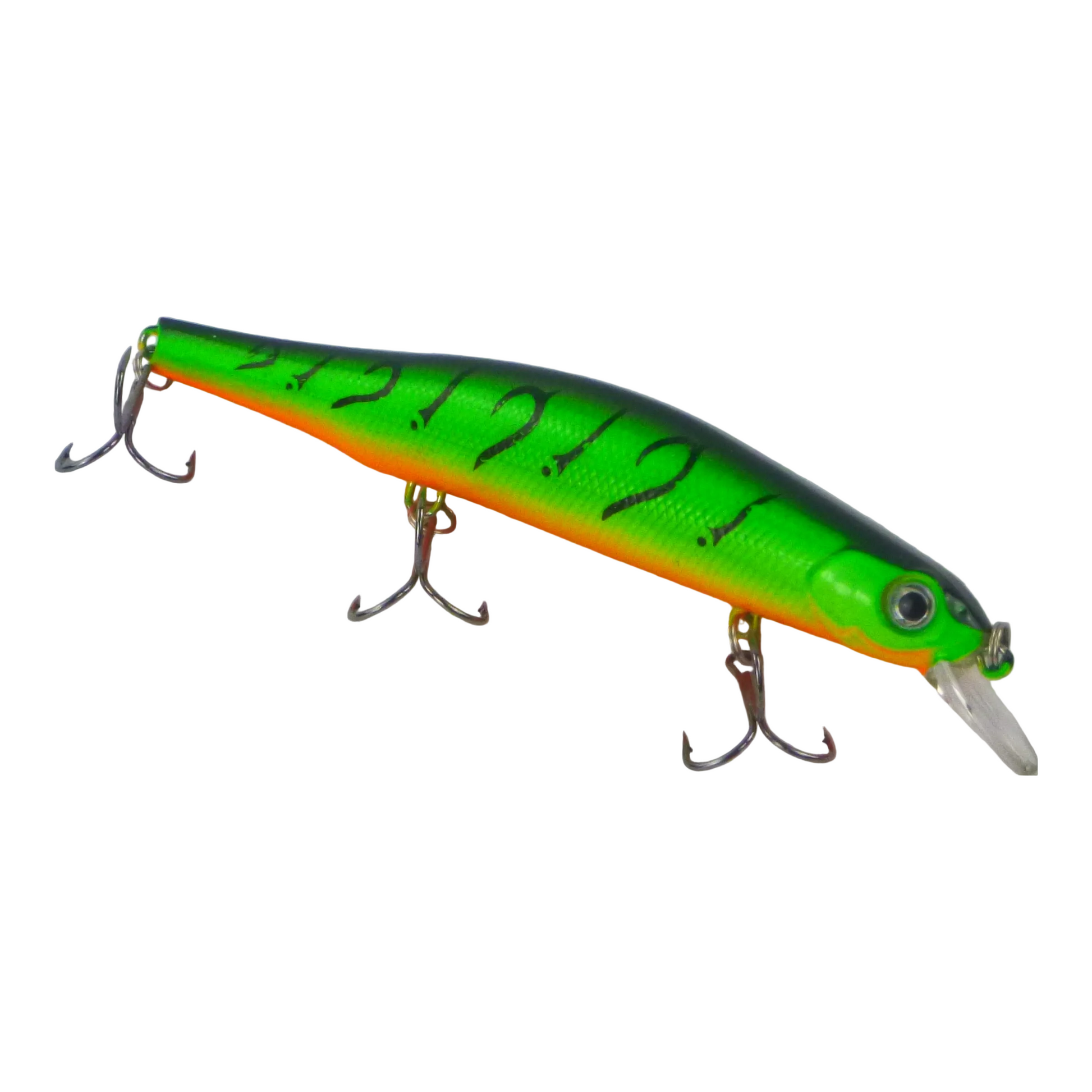 Green diving fishing lure with orange belly, black stripe markings, three treble hooks