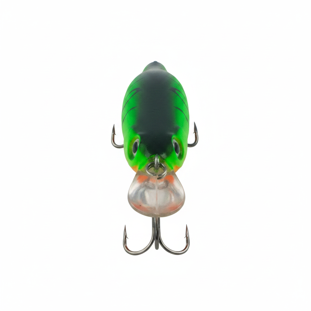 Green diving fishing lure front view with orange underside and two treble hooks