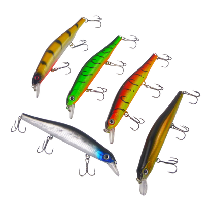 Set of five diving fishing lures in green, orange, yellow, and silver with treble hooks