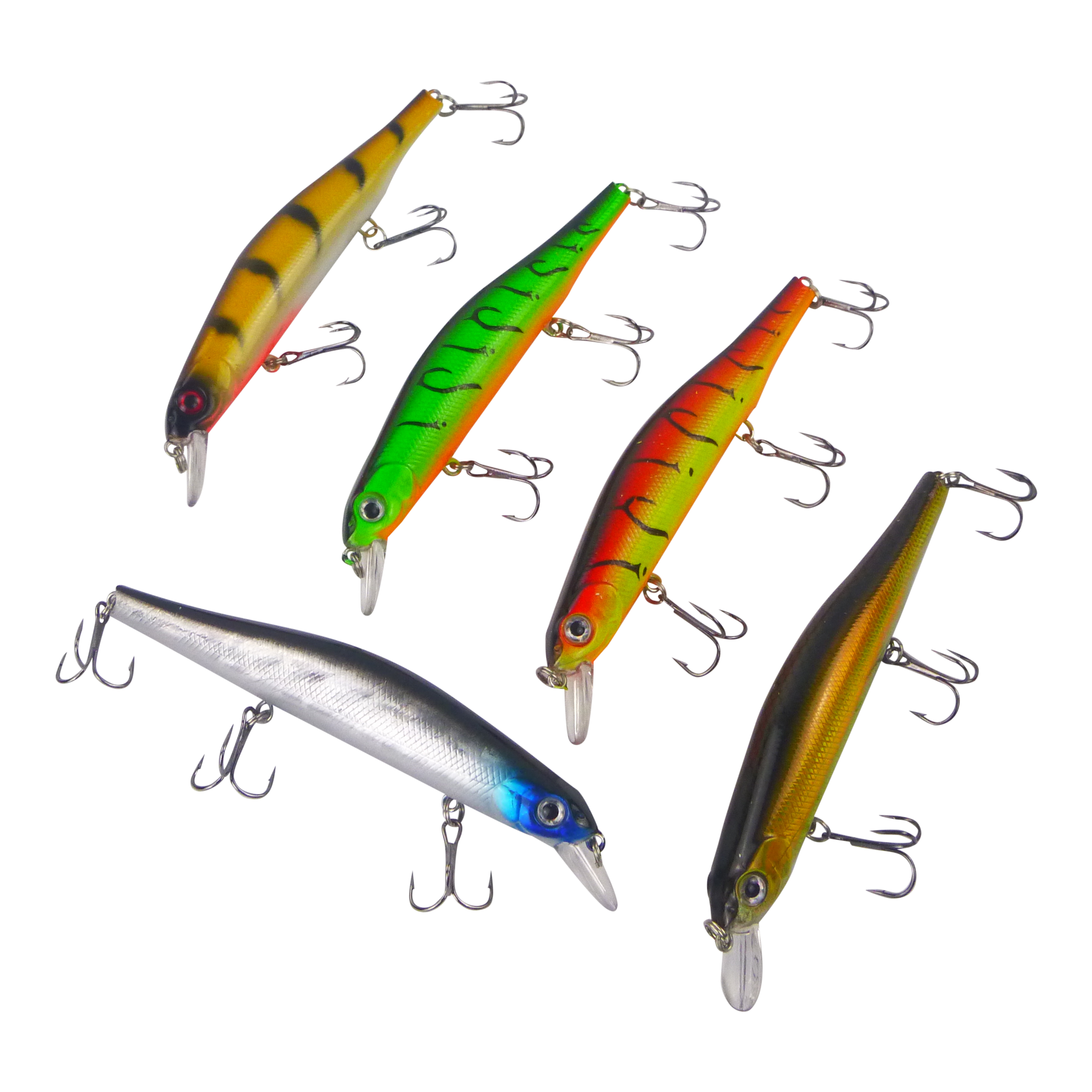Set of five diving hard body lures with painted bodies and three treble hooks each