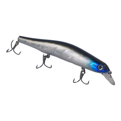 Silver-blue diving hard body lure with blue eye and three treble hooks