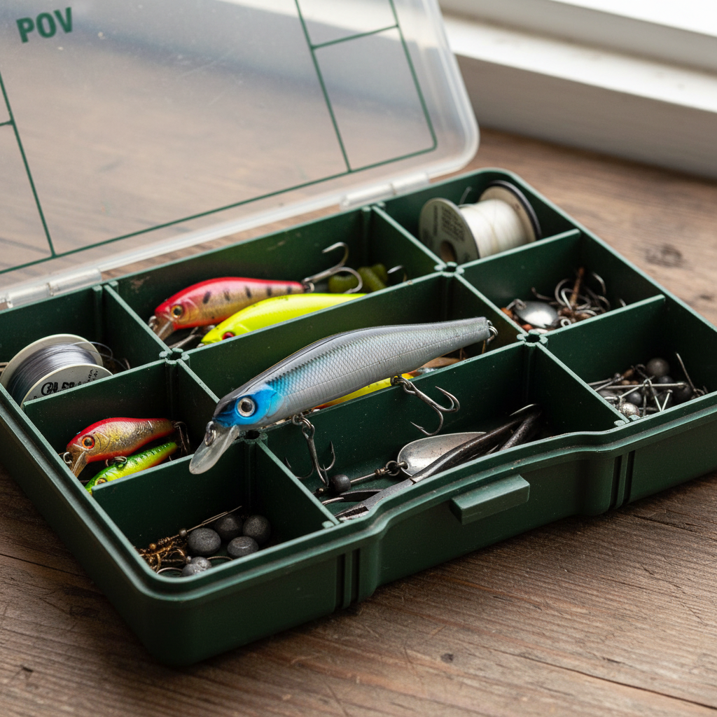Open tackle box holding several diving hard body lures with treble hooks