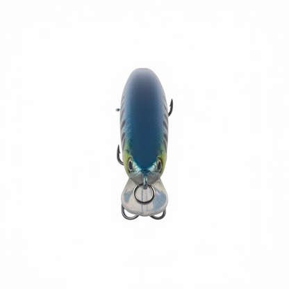Blue minnow jerkbait fishing lure with split nose ring and two treble hooks