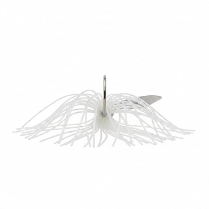 Swim jig chatterbait with white skirt strands and exposed hook, silver blade