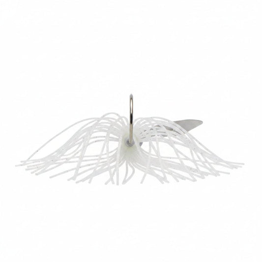 Swim jig chatterbait with white skirt strands and exposed hook, silver blade