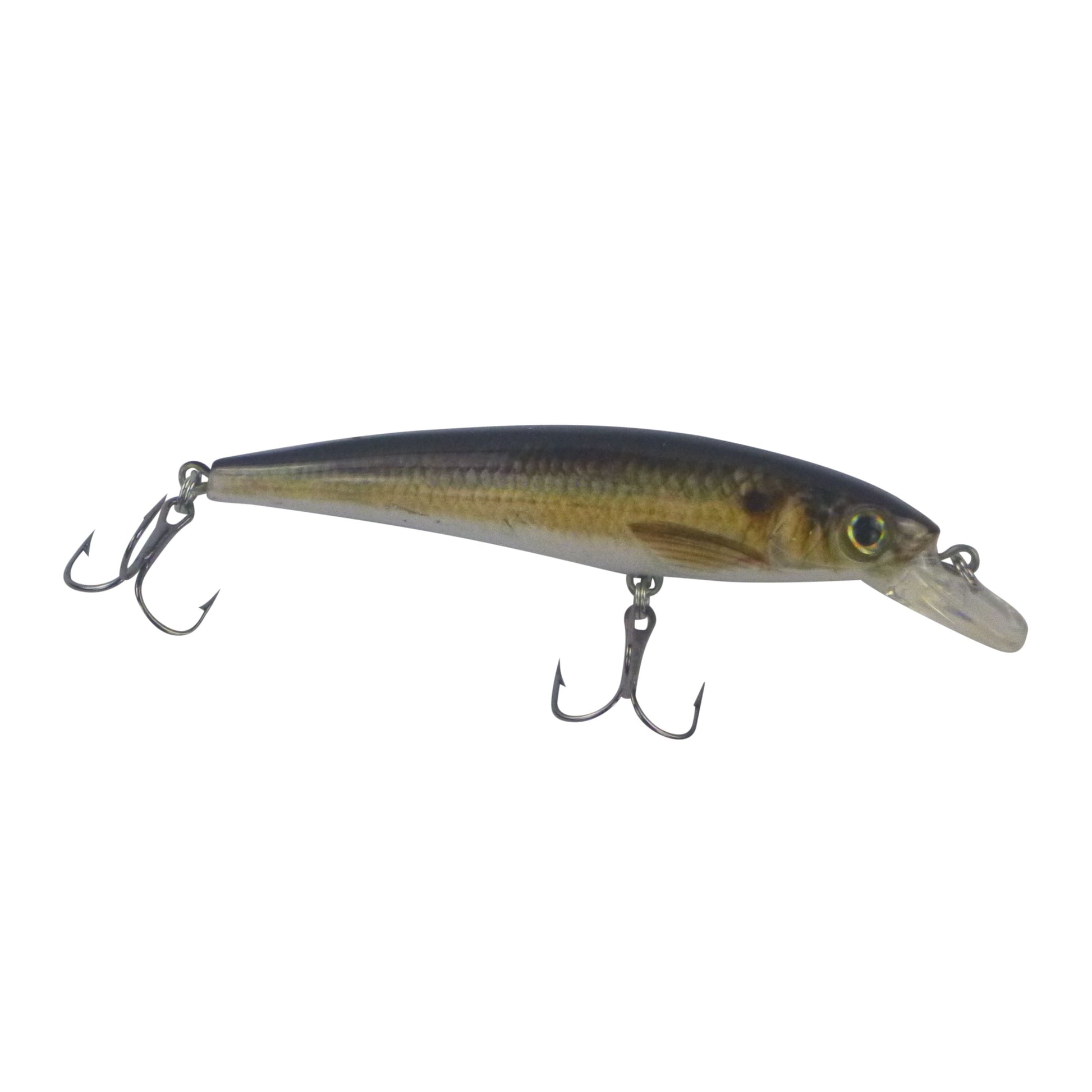 Hard body crankbait lure with dark top and yellow-green belly, silver hooks