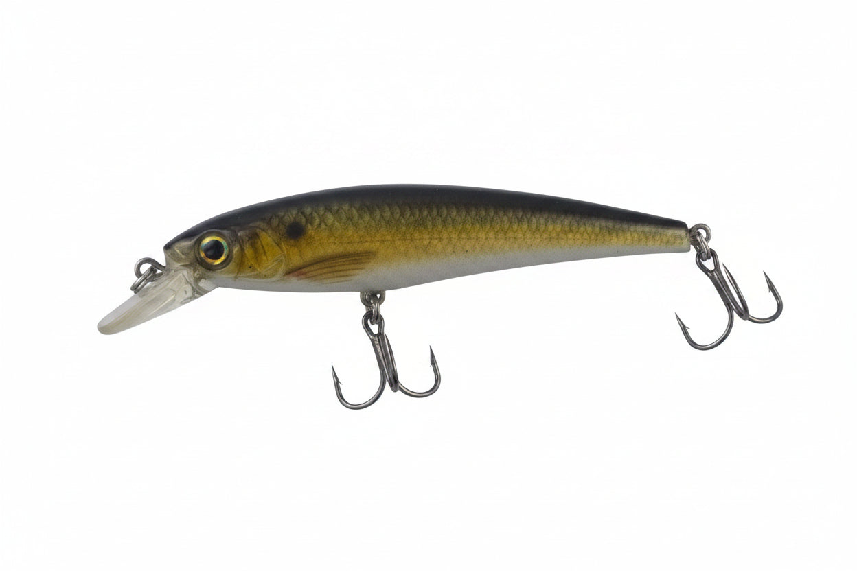 Fishing crankbait lure with gold back and olive-green speckled sides, silver hooks