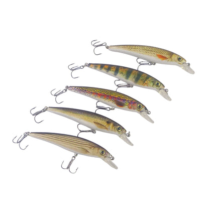 Set of four hard body diving crankbait lures in green and gold, silver hooks