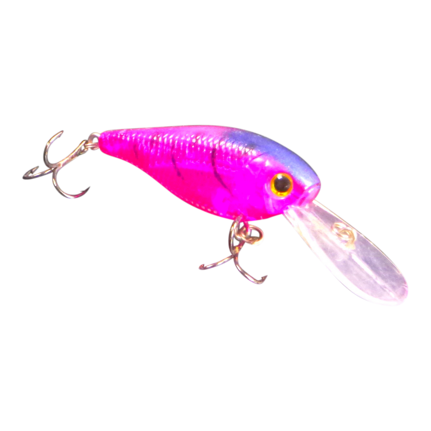 Purple and blue deep-diving crankbait with metal lip and two treble hooks
