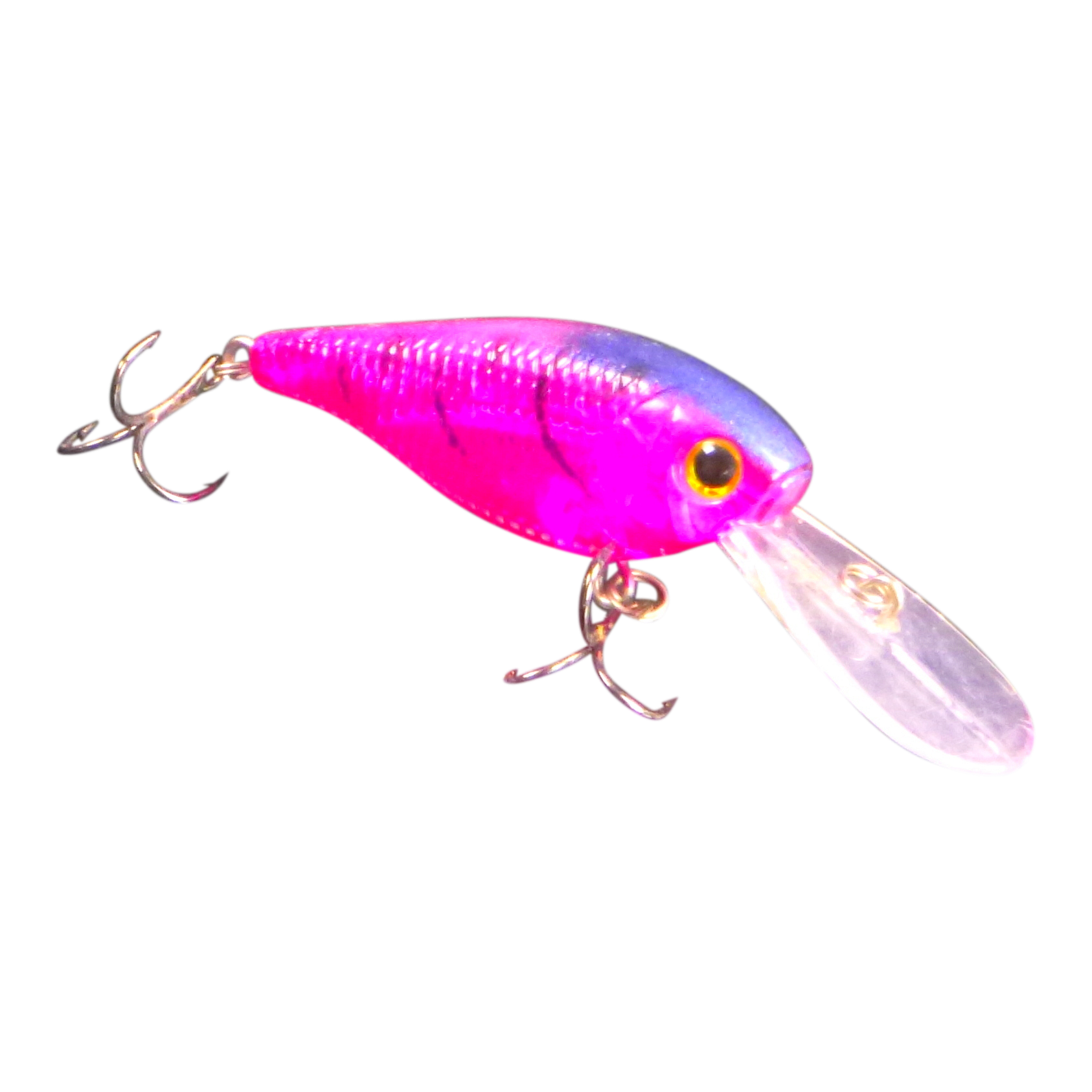 Purple and blue deep-diving crankbait with metal lip and two treble hooks