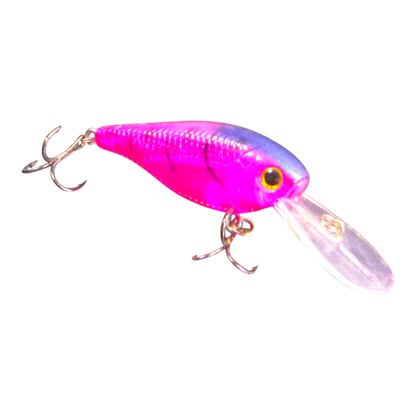 Purple and blue deep-diving crankbait with metal lip and two treble hooks