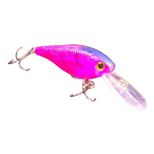 Deep-diving crankbait, opaque purple with magenta body, yellow eye, clear tail