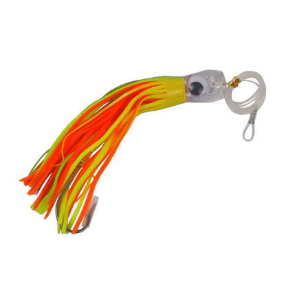 Orange and green skirted trolling lure with clear head, 3D eye, and loop