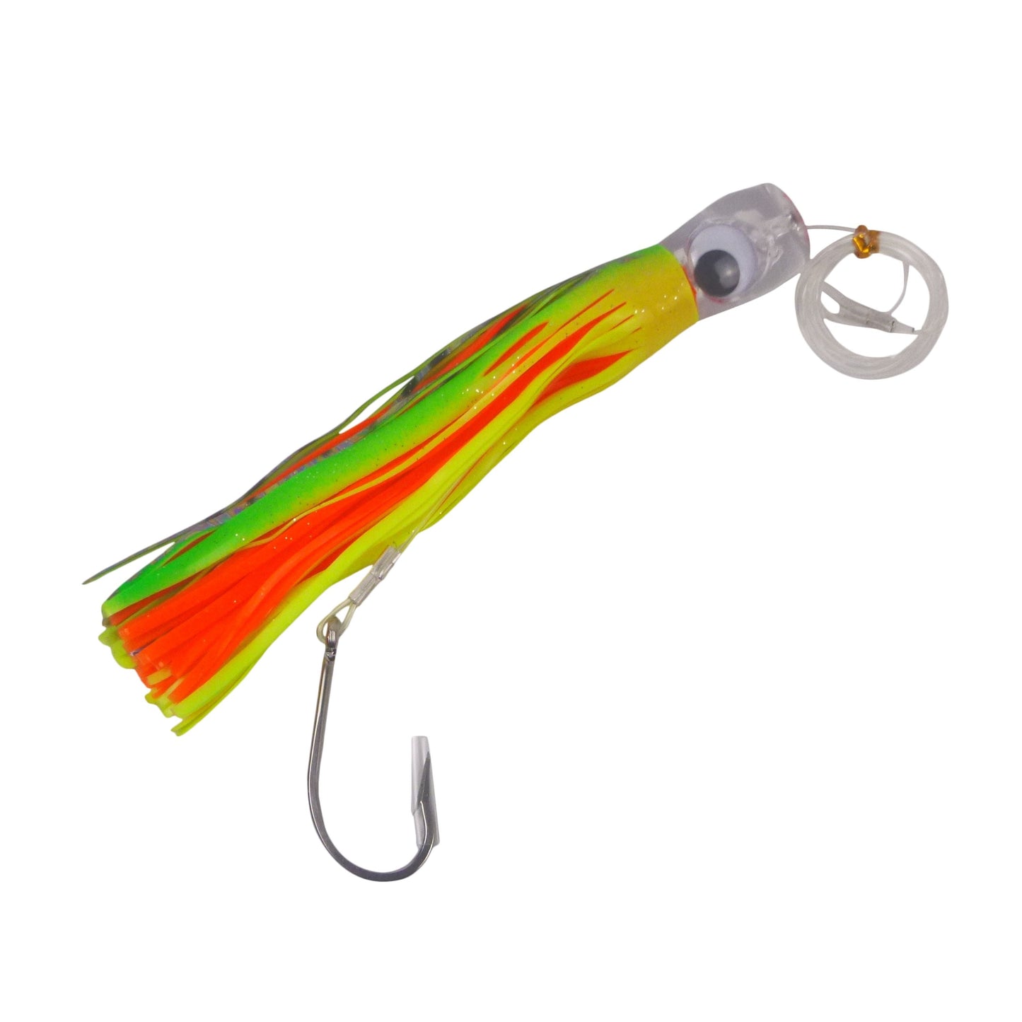 Orange and green skirted trolling lure with clear head, 3D eye, and single hook