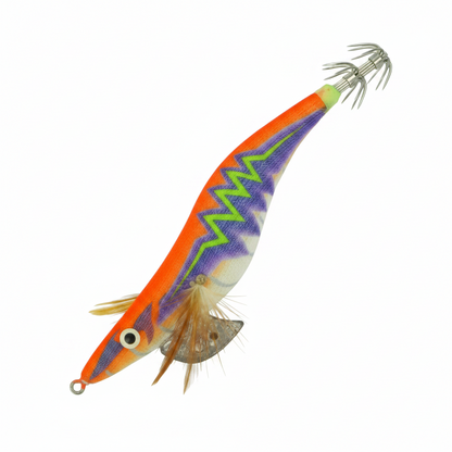 Squid jig lure, orange top with purple chevron stripes, feather tail and treble hooks
