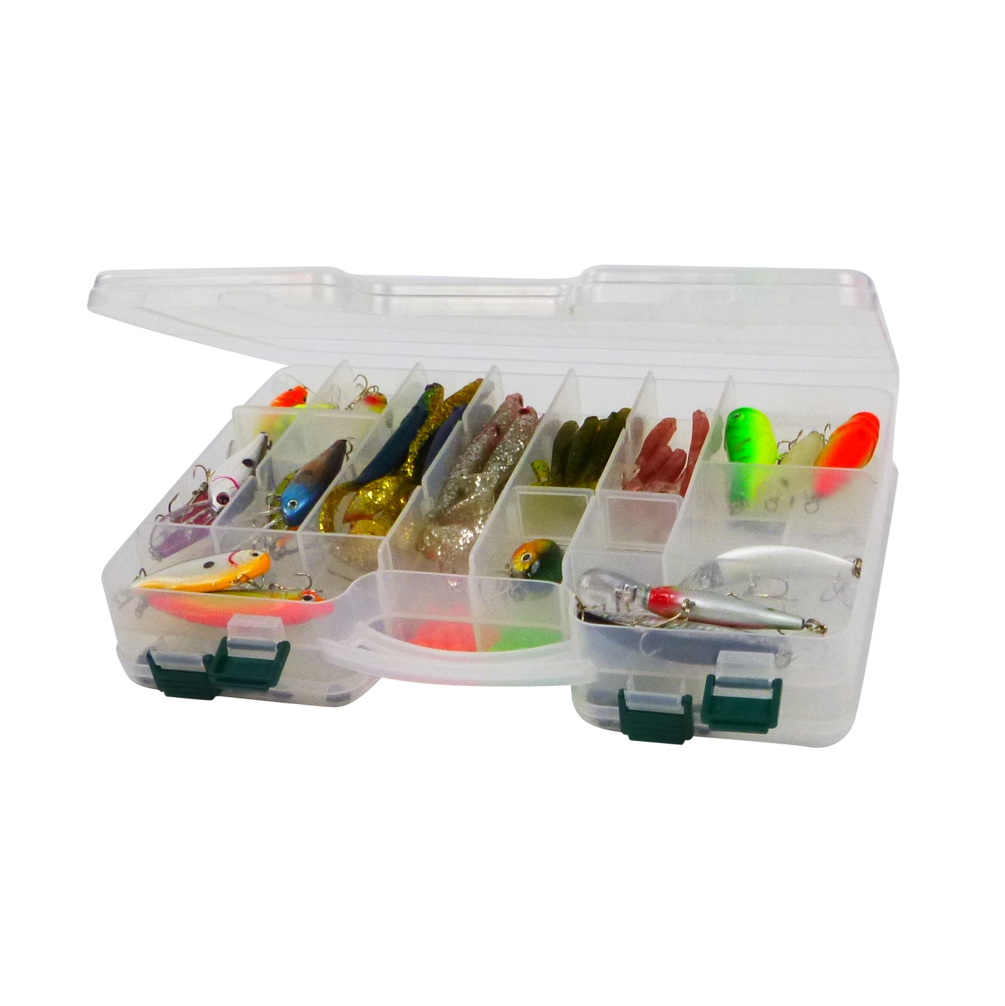 Double-sided tackle box with transparent sections holding colorful fishing lures and hooks