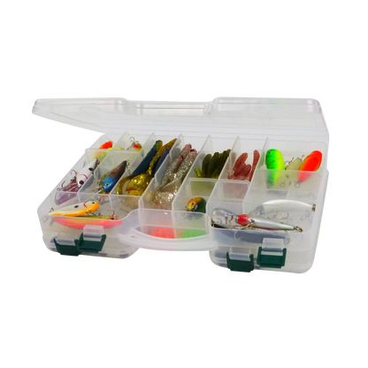 Double-sided tackle box with transparent sections holding colorful fishing lures and hooks