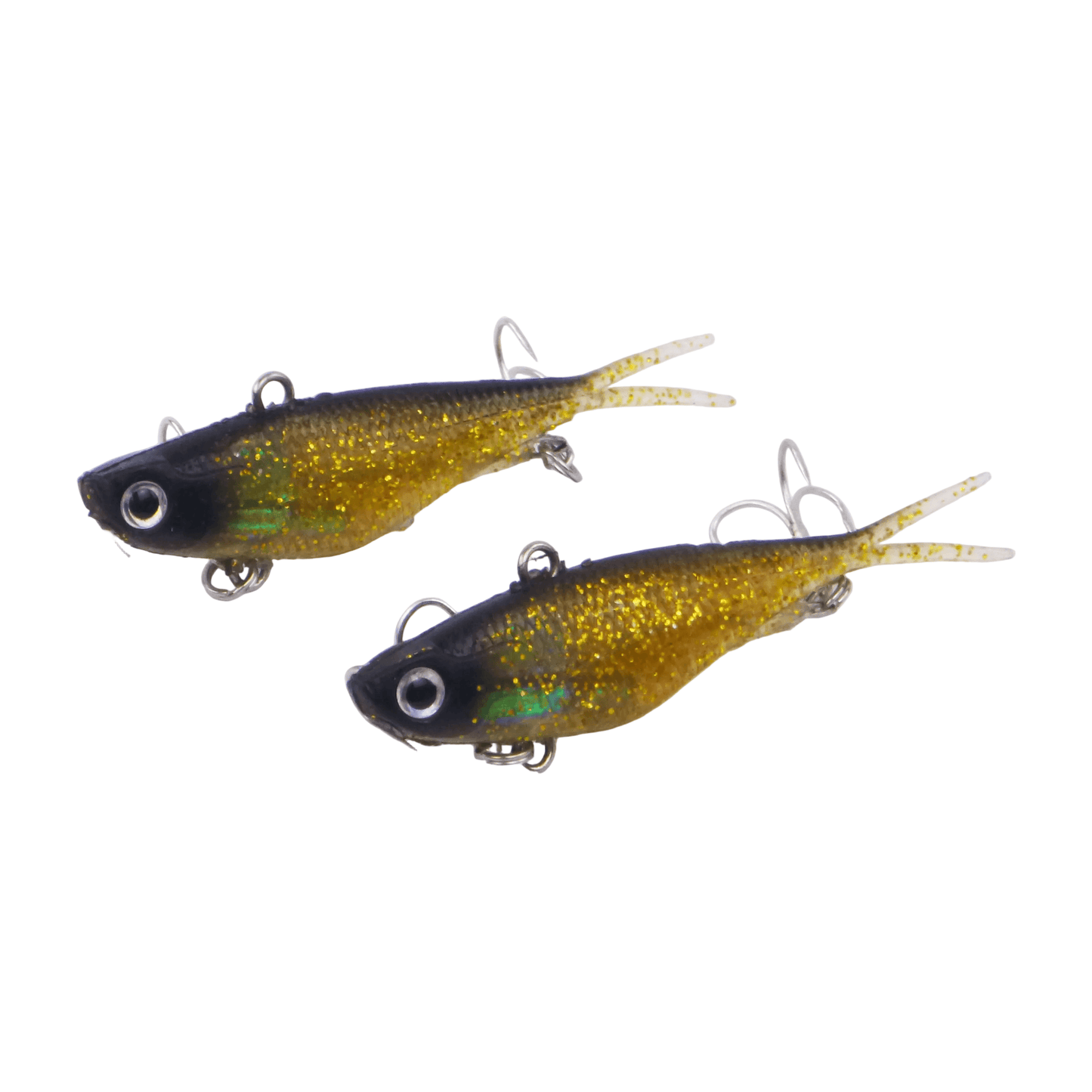 Gold glitter soft plastic fishing lures, 2-pack with treble hooks and tail fins