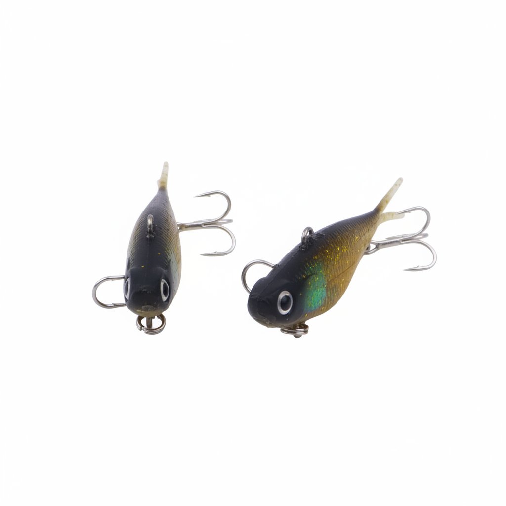Two gold glitter fishing lures with dark blue bodies, treble hooks, and pointed tails
