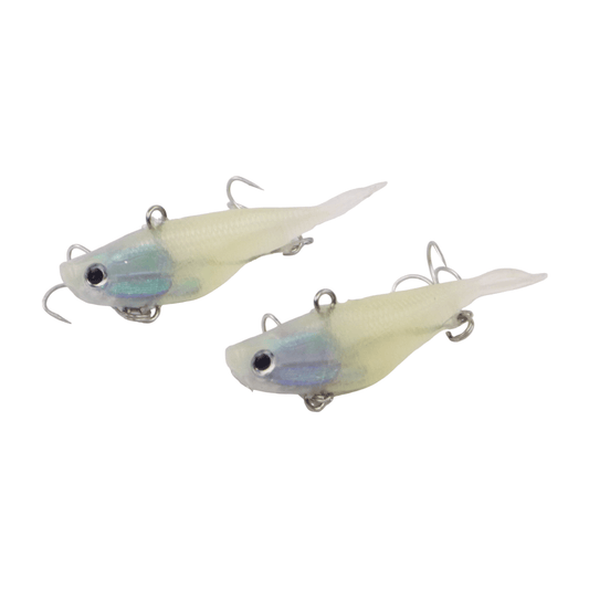 White soft vibe fishing lure, 2-pack, fork tail with metal treble hooks