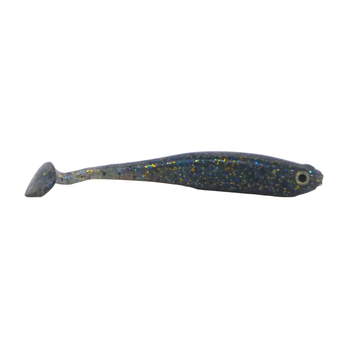 Soft paddle tail fishing lure, blue with gold speckles and round eye
