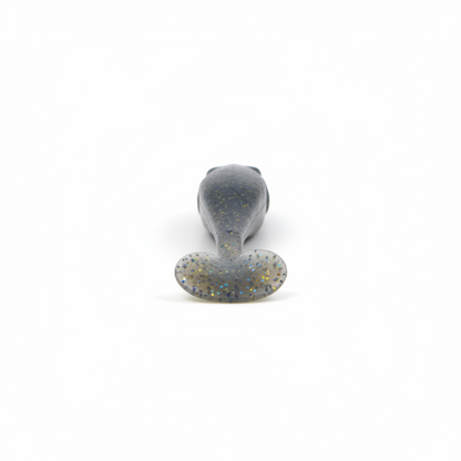Soft lure tail detail, gray-blue with gold speckles on paddle tail