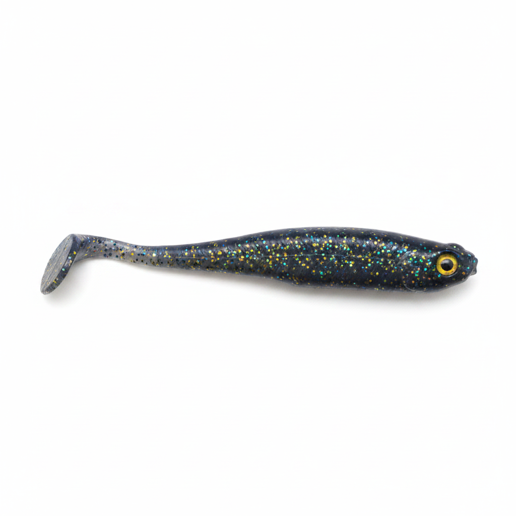 Soft paddle tail fishing lure, blue body with gold flecks, side view