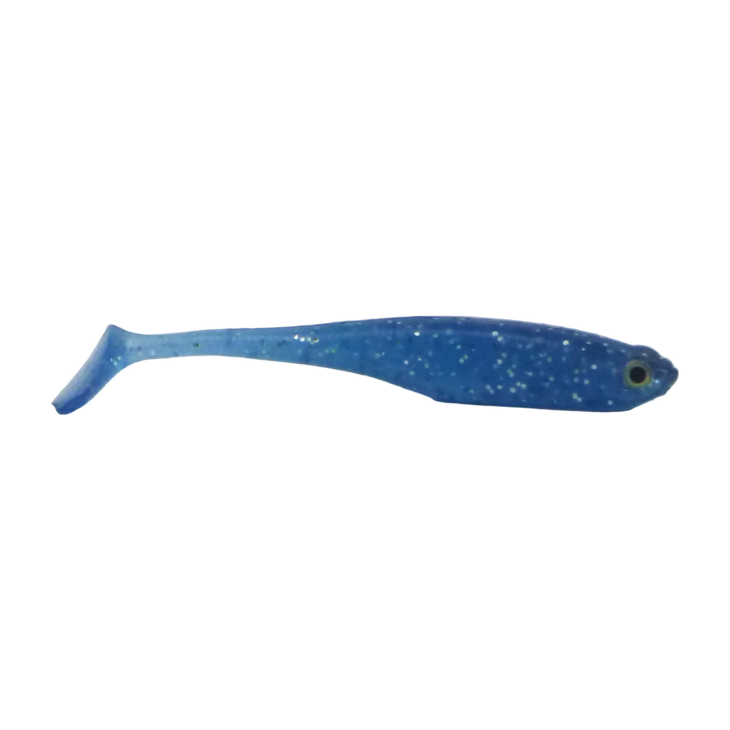 Soft shad paddle tail lure in electric blue speckled, side view with tail fin