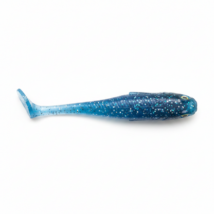 Soft shad paddle tail lure, electric blue speckled body with paddle tail