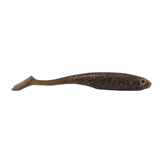 Soft plastic paddle-tail fishing lure, dark brown with golden speckles