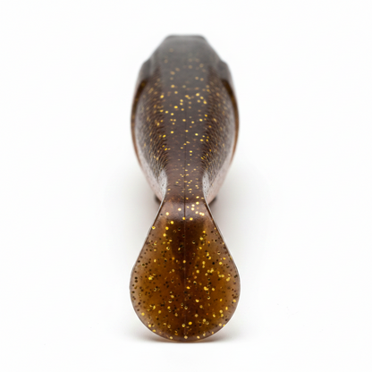 Soft plastic paddle-tail fishing lure, dark brown glitter-speckled body and tail