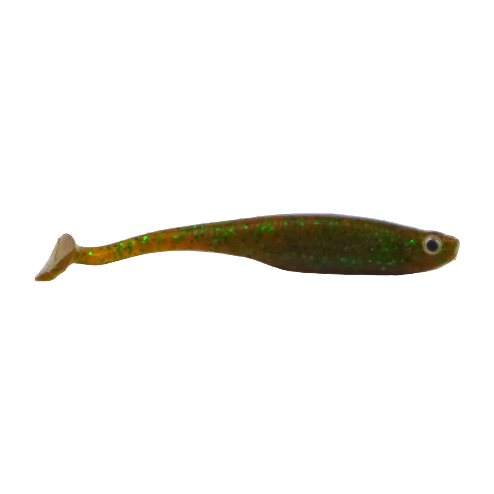 Soft paddle tail fishing lure in dark green-brown with chartreuse speckles