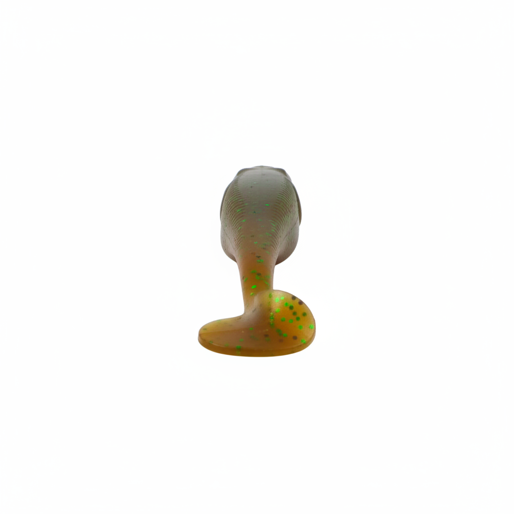 Soft paddle tail lure body and paddle tail in dark green-brown with bright speckles