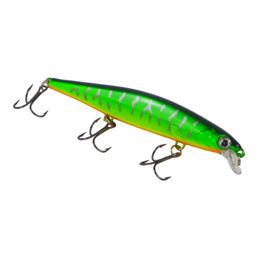 Lime green hard body sinking minnow fishing lure with three treble hooks