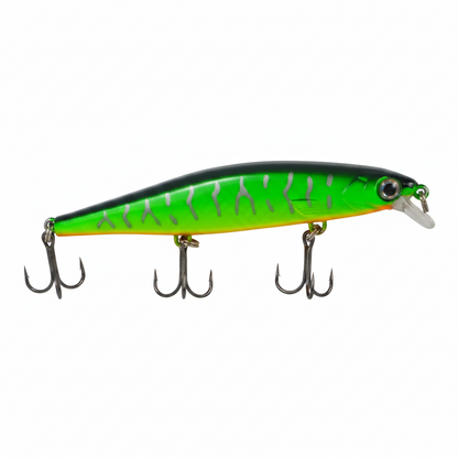 Lime green hard body fishing minnow lure with three treble hooks and silver lip
