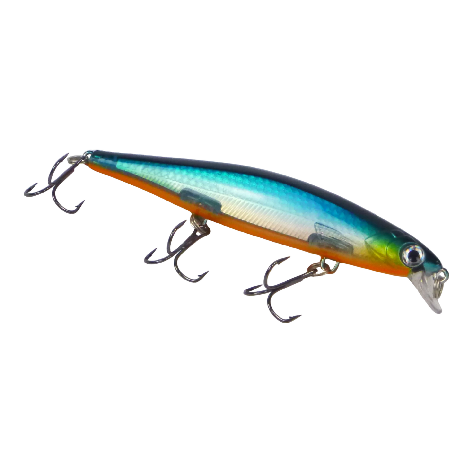 Hard body fishing lure with blue-green top and orange belly, three treble hooks
