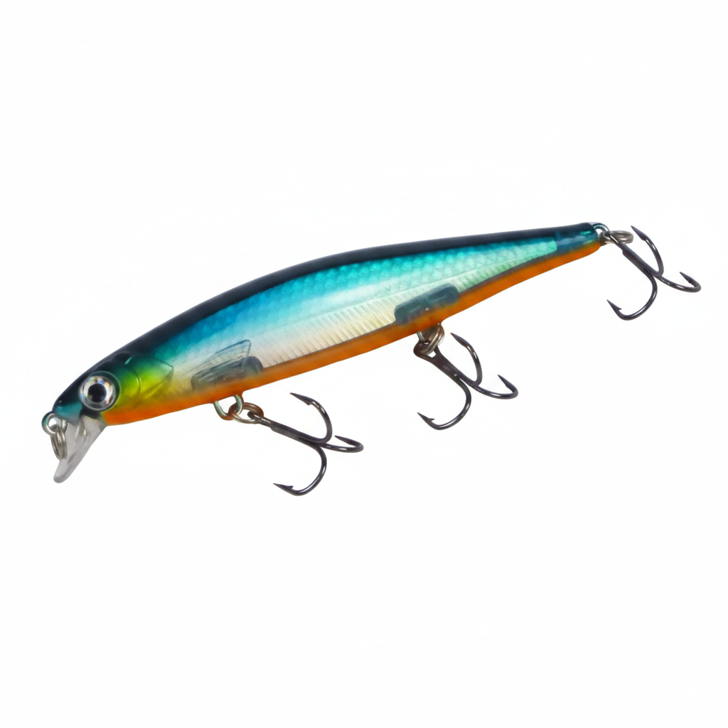 Hard body fishing lure in blue back with orange underside and side treble hooks