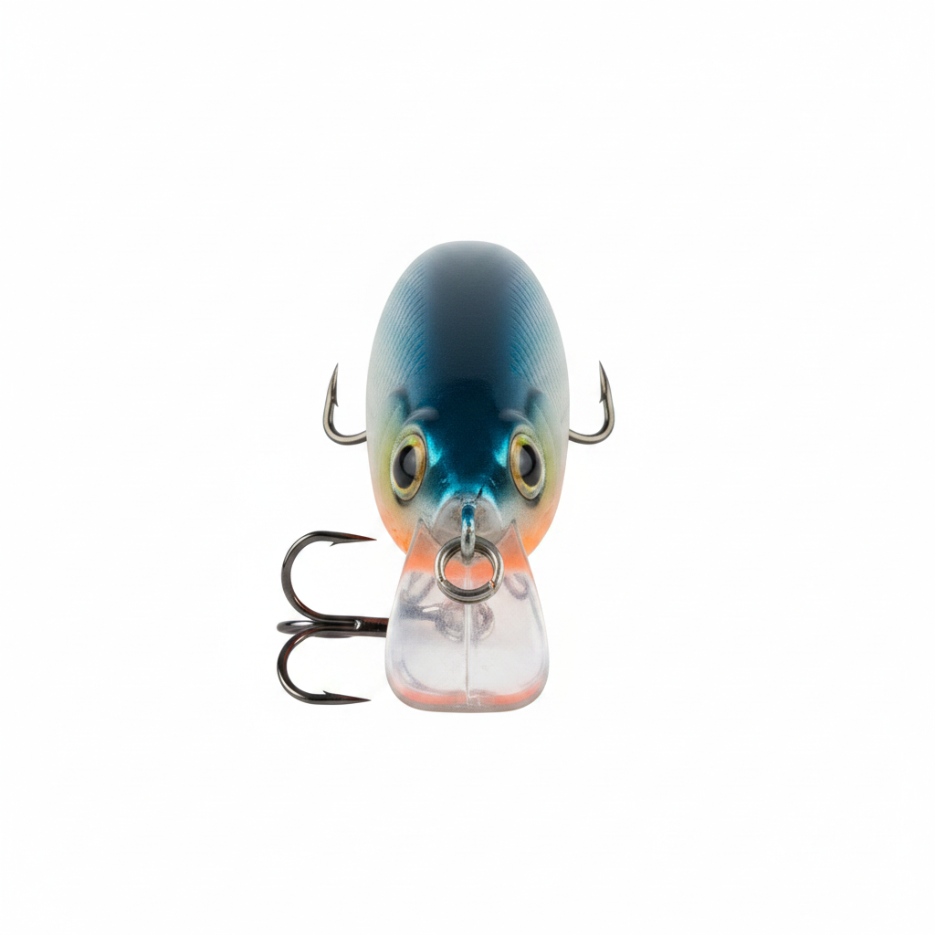Hard body fishing lure front view, blue head with orange accents and treble hooks