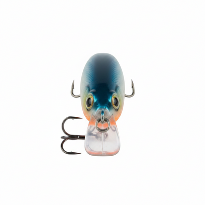 Hard body fishing lure front view, blue head with orange accents and treble hooks