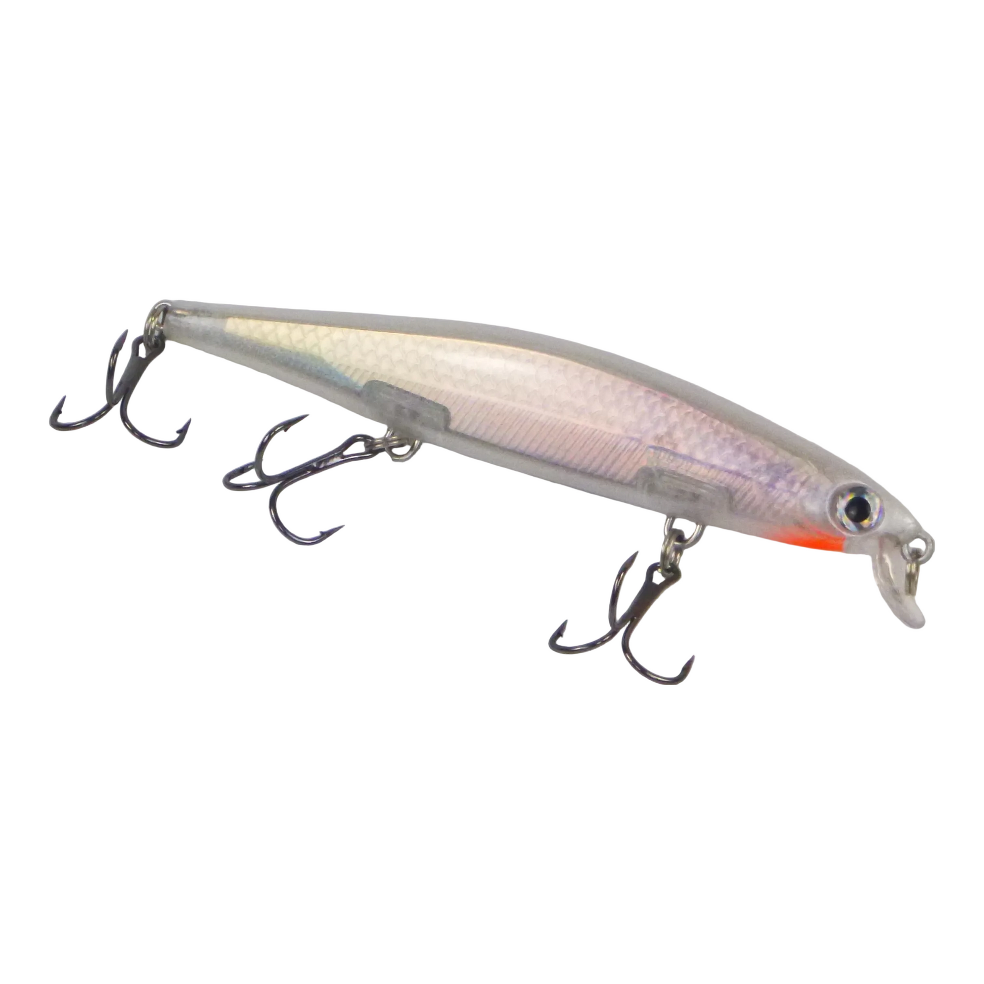 110mm hard body fishing lure, silver iridescent scales, side view with treble hooks