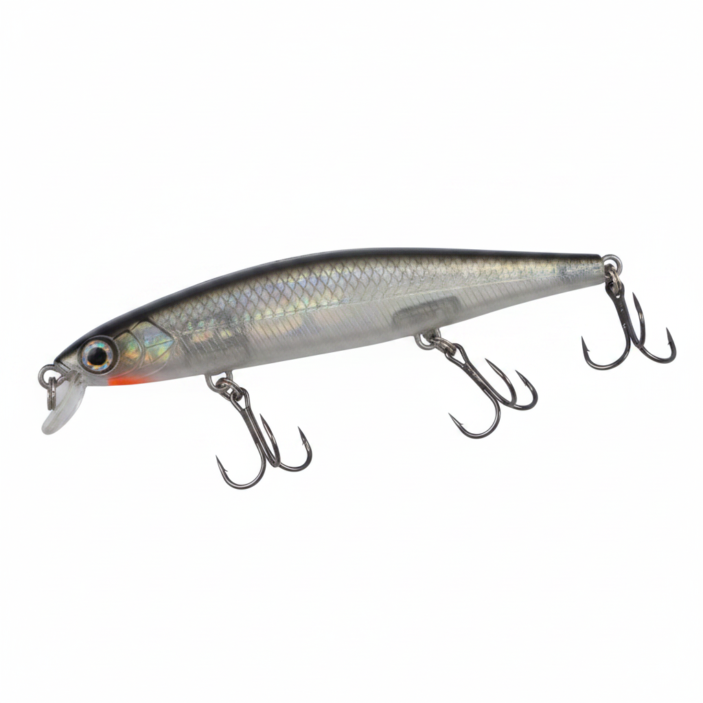110mm hard body fishing lure, silver iridescent finish, treble hooks