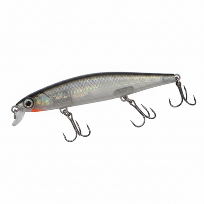 110mm hard body fishing lure, silver iridescent finish, treble hooks