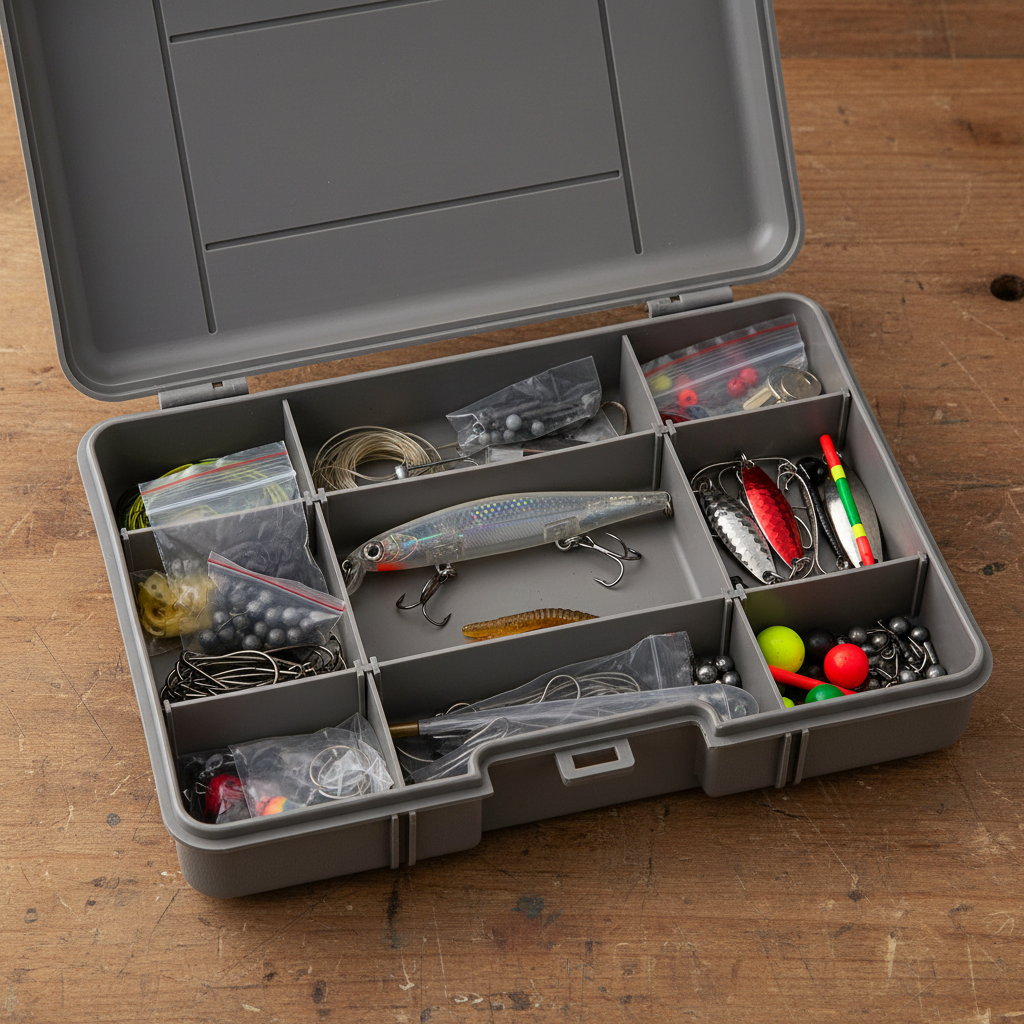 Hard body fishing lure in open gray tackle box with multiple lures and hooks